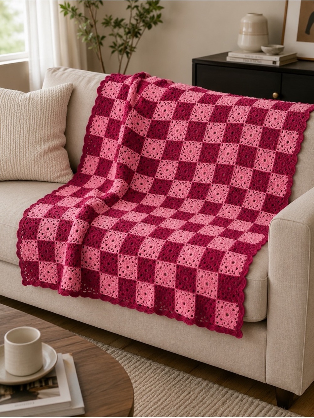 Handmade Pink and Magenta Crochet Throw Blanket